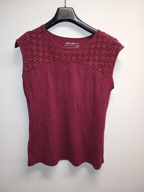 Eddie Bauer Women’s Burgundy Crochet Yoke Cap Sleeve Top Casual Stretch Tee Larg